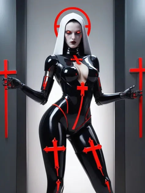 ral-opal, meahophontron, full body, woman robot face, Cyberpunk, devil nun, negro, looking at camera, body nun clothes, red eyes, primer plano looking at camera, realist, beautifull woman, sexy face, black clothes, gray and red, Red high heels, holding red...