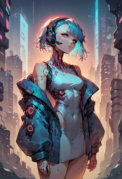 high quality image, futuristic anime style, cyberpunk, a girl in a futuristic city, neon colors, jacket with wide sleeves, headset, medium hair with bangs, sultry body, blue hair on the outside and pink on the inside, cyan eyes, skin fair