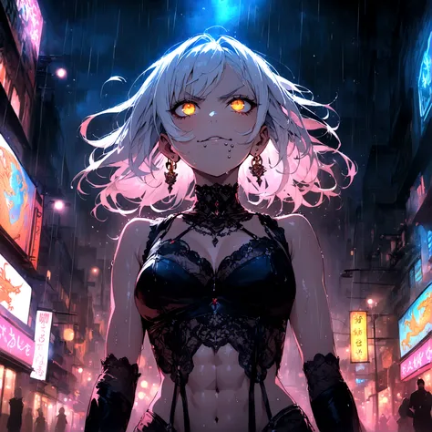 anime women, dark outfit with red and blue details, white hair, (golden dragon eyes) standing in a rain soaked, city street at night, cinematic lighting (best quality:1.2)detailed, neon lights, vivid colors,bokeh, angry looking face with smirk on mouth, pi...