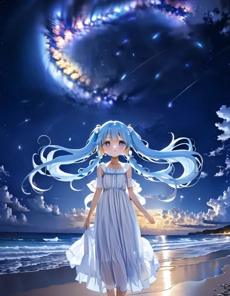 Night sky beach、Big Moon、milky way、Lots of shooting stars、Light blue long hair、Beautiful girl with twin tails、White long dress、Bigger in the center、Face Highlights、