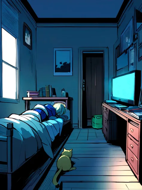 ((super quality))(realisitic) (first person view) through the eyes of a 13 year old boy, cross legs, lying in the bed, room wide view view, open door dark hallway, reading table with computer turned on, screen with photo of a yellow cat, textbooks, window ...