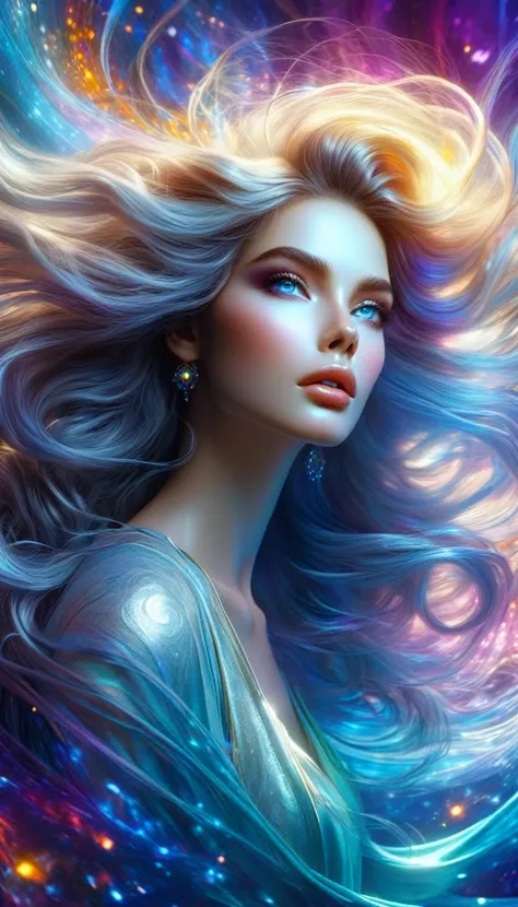 a beautiful goddess, ethereal beauty, flowing hair, piercing eyes, detailed face, elegant pose, dramatic lighting, soft glowing aura, surreal fantasy landscape, dramatic cloudy sky, vibrant colors, digital painting, intricate details, cinematic composition...