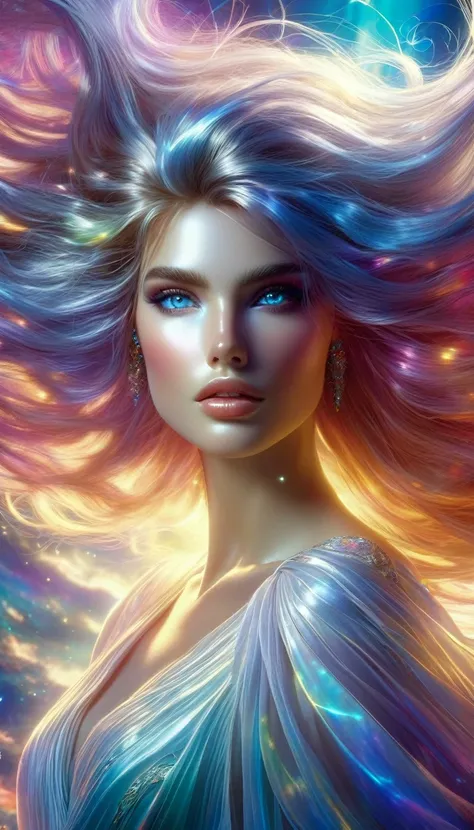 a beautiful goddess, ethereal beauty, flowing hair, piercing eyes, detailed face, elegant pose, dramatic lighting, soft glowing aura, surreal fantasy landscape, dramatic cloudy sky, vibrant colors, digital painting, intricate details, cinematic composition...