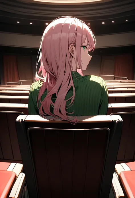 A photo from behind of a white girl , white and pink hair , blue eyes dressed in a red dress and a white boy , blond hair , green eyes dressed in a green sweater and black pants sitting in the auditorium with two with syringes behind the chairs 
