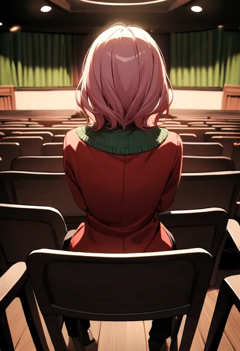 A photo from behind of a white girl , white and pink hair , blue eyes dressed in a red dress and a white boy , blond hair , green eyes dressed in a green sweater and black pants sitting in the auditorium with two with syringes behind the chairs 
