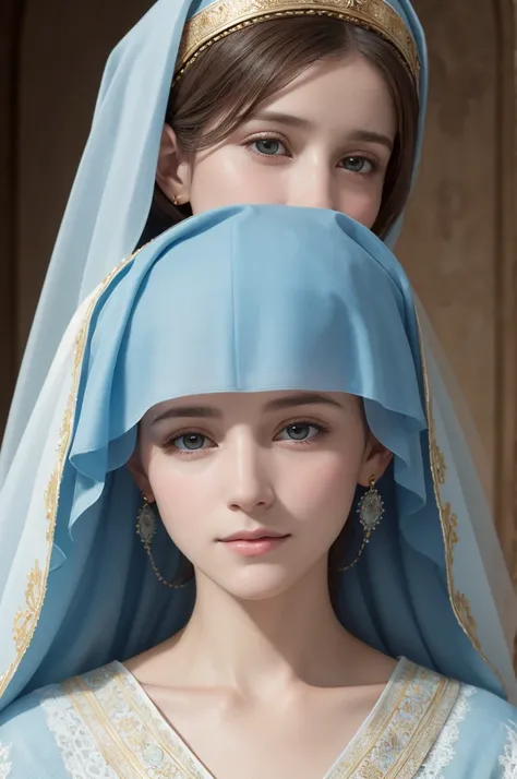 Ultra-realistic portrait of Mary, the mother of Jesus, depicted with a serene and compassionate expression, wearing traditional biblical attire with a light blue veil. The background is blurred but suggests a historical setting with soft, warm lighting to ...