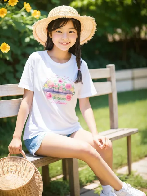 masterpiece, japanese, a little beautiful girl, 13 years old, beautiful face, smile, look at the camera, straw hat, Wearing shorts and T-shirt, white sneakers. Wearing tops and shorts, flowers, portrait, casual pose, thin legs, solo,