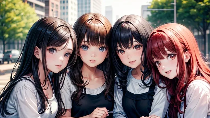 A group of four young girls, university students, the first of them with short brown hair, the second with medium black hair cut in layers, the third with long black hair and the fourth with curly red hair.