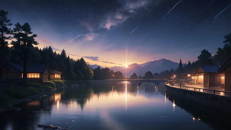 High quality masterpiece ，landscape，Animated train passing through water on the tracks， Shining starry sky。Romantic Train，Pixiv，Concept Art，Lofi Artスタイル，Reflective plate。 by Makoto Shinkai, Lofi Art, Beautiful anime scene, アニメのlandscape, 詳細なlandscape —幅672...