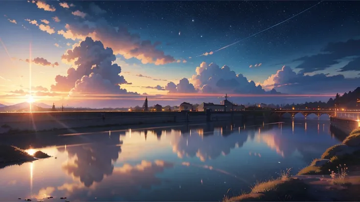 High quality masterpiece ，landscape，Animated train passing through water on the tracks， Shining starry sky。Romantic Train，Pixiv，Concept Art，Lofi Artスタイル，Reflective plate。 by Makoto Shinkai, Lofi Art, Beautiful anime scene, アニメのlandscape, 詳細なlandscape —幅672...