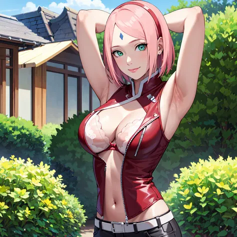 masterpiece, best quality,sharpness,absurdres ,1girl, haruno sakura,forehead mark, red hairband,, bracelet, looking at viewer, (arms behind head:1.1), smile,, middle large breasts,standing in a garden,arms behind back,closeup,only upperbody ,open leather j...