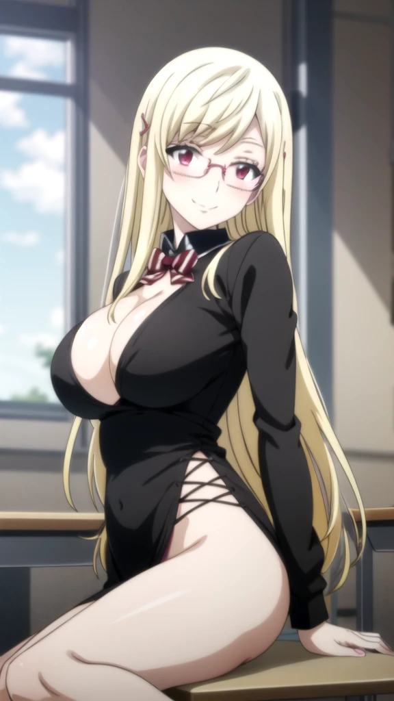 Anime girl with glasses and a black shirt posing in a classroom., oppai, con big breasts, biomechanical OPPAI, big breasts!, seductive anime girl, (sfw) Insurance for work, big breasts!!, oppai proportions, Nagatoro, breasts covered and sfw, anime moe art ...