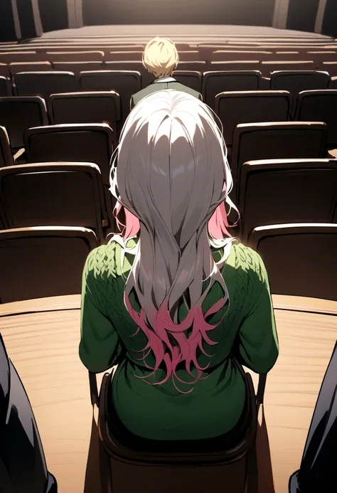 Photo from behind of white girl , white hair with pink tips , blue eyes dressed in a red dress accompanied by a white boy , blond hair , green eyes dressed in a green sweater and black pants sitting in the auditorium with two with syringes behind the chair...