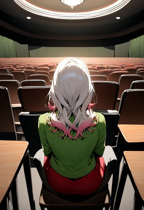 Photo from behind of white girl , white hair with pink tips , blue eyes dressed in a red dress accompanied by a white boy , blond hair , green eyes dressed in a green sweater and black pants sitting in the auditorium with two with syringes behind the chair...