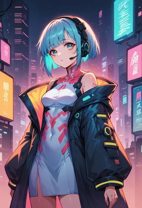 high quality image, futuristic anime style, cyberpunk, a girl in a futuristic city, neon colors, jacket with wide sleeves and wh...