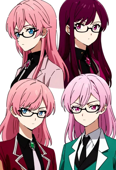 twins, one more serene and the other more agitated, one has pink hair and the other wine color, one has glasses and the other doesnt, modern age clothes, anime