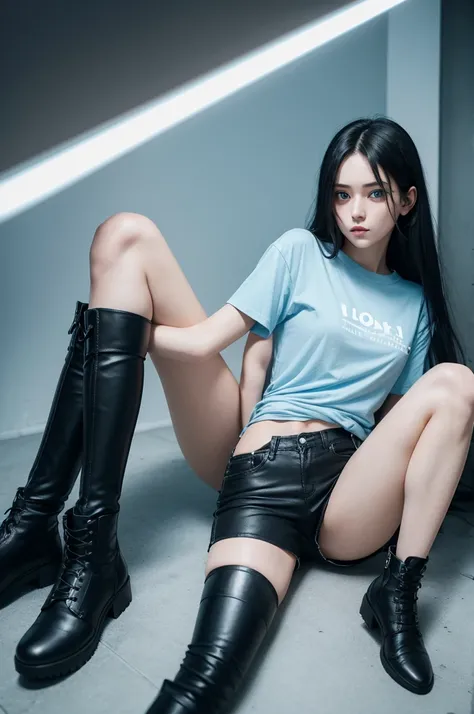 1 girl with light blue eyes long straight black hair light blue t-shirt short black shorts black boots above the knee back 