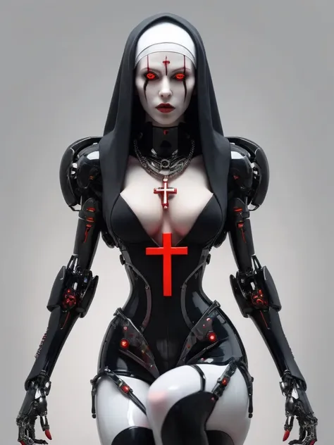 ral-opal, meahophontron, full body, woman robot face, Cyberpunk, devil nun, negro, looking at camera, body nun clothes, red eyes, primer plano looking at camera, realist, beautifull woman, sexy face, black clothes, gray and red, Red high heels, holding red...