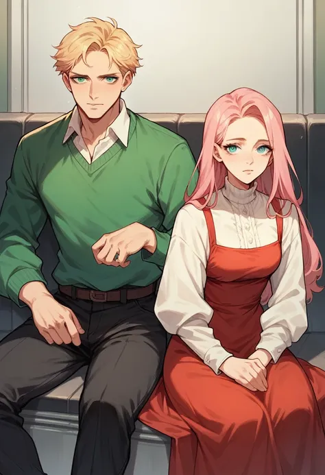 marvel comic white girl , white and pink hair , blue eyes dressed in a red dress and a white boy , blond hair , green eyes dressed in a green sweater and black pants sitting in the auditorium with two with syringes behind the chairs 
