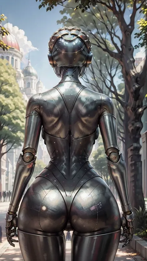 (masterpiece, best quality)
AtomicW, 1girls, (metallic skin, no face, robot:1.3), in a park, trees, sunshine, big , big ass, back view