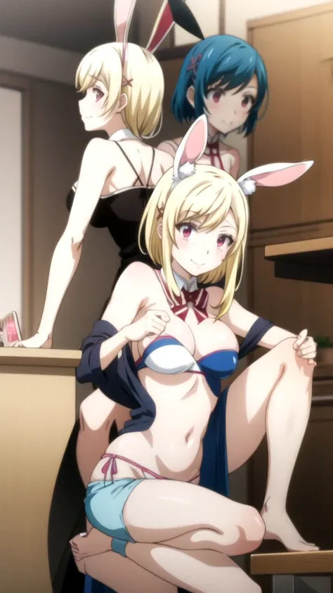 un grupo de chicas with rabbit ears y orejas de conejo posando para una foto, Ecchi anime style, Bunny girl, azure lane characters, oppai, ecchi, Azure Lane Style, ecchi style, anime girls, SFW version, with rabbit ears, from front line girls, Ahegao, fine...