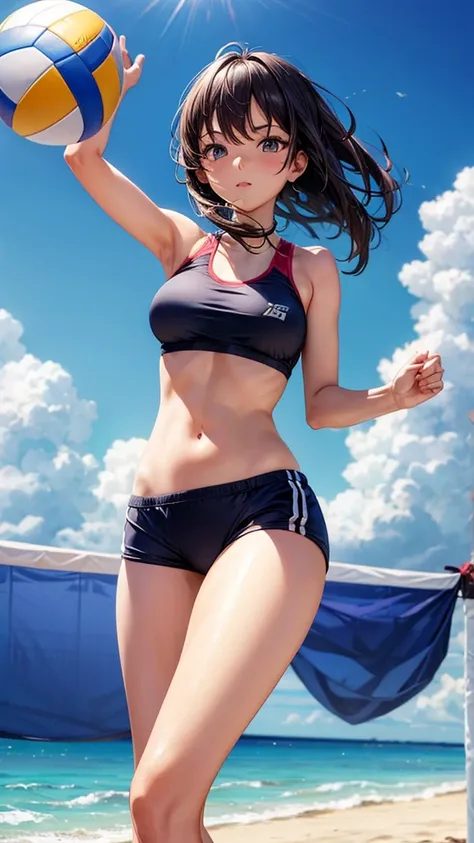 Create an anime girl on the beach playing volleyball in skimpy clothes without a bra 