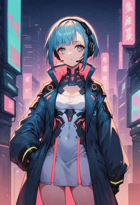 high quality image, futuristic anime style, cyberpunk, a girl in a futuristic city, neon colors, jacket with wide sleeves and wh...