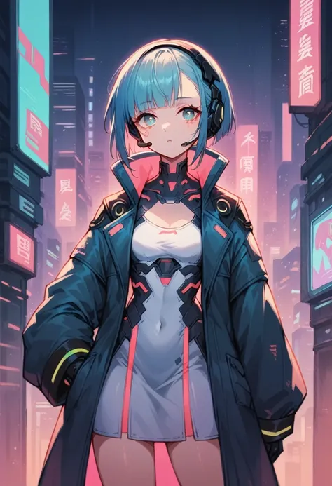 high quality image, futuristic anime style, cyberpunk, a girl in a futuristic city, neon colors, jacket with wide sleeves and wh...