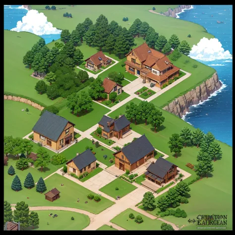 create a map of a small village with two houses, rpg maker style map with top view, chrono trigger style