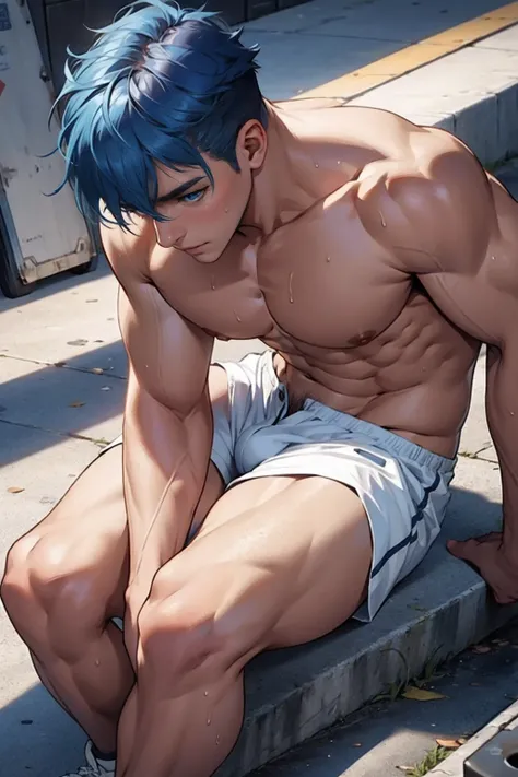 blue hair boy , blue eyes, muscular, hot and sexy sweaty body, shirtless, wearing short white shorts, lying down, touching his detailed erect cock 