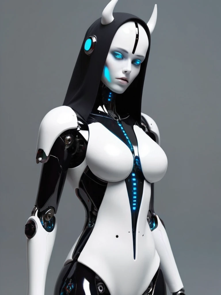 ral-opal, meahophontron, full body, beautifull woman robot cyberpunk face, devil nun, black, looking at camera, body nun clothes, White clothes, azul y black.