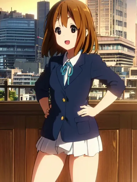 1girl, (((​masterpiece))), top-quality, top-quality, High Details, hirasawa yui, 1girl, Sakuragaoka High , student clothes, Twin-yellow hairpin, short hair, A brown-haired, brown-eyed, solo, reddish, Dark blue blazer with thin blue ribbon, Solid white butt...