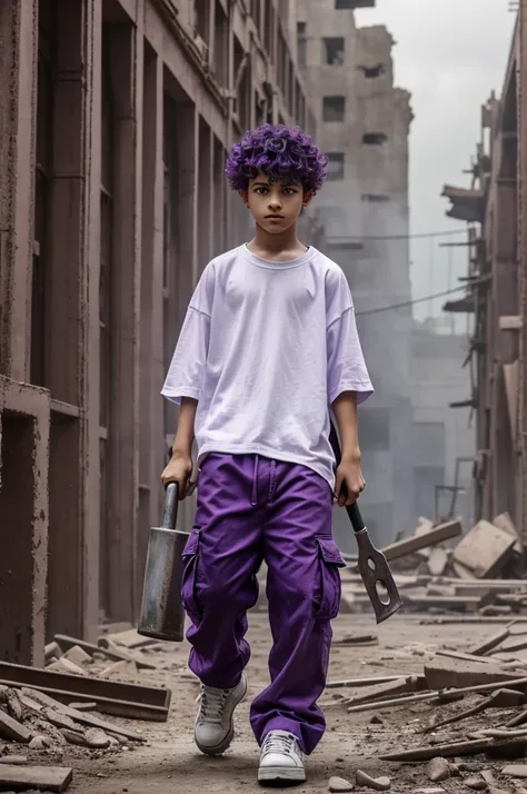 A boy, purple hair, curly hair, purple eyes, dressed in: (oversized white shirt, black cargo pants, red shoes), carrying a large hammer that is full of eyes,With purple steam around, let the main color be purple, dark and dusty ruins around