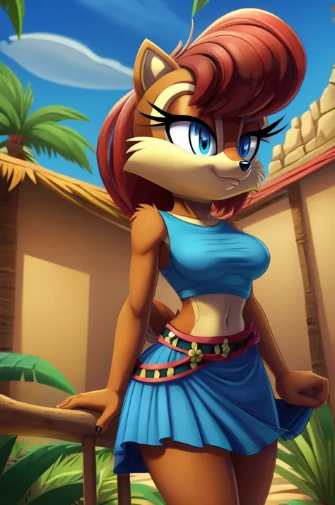 sonic (series), 1girl, anthro chipmunk girl, female mobian, mobian, blunt bangs, short auburn hair, blue eyes, (brown fur:1.3), ...