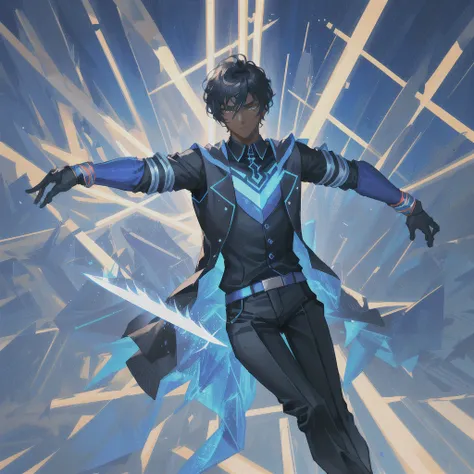 1boy, dark skinned, handsome, teenage, blue vest with black sleeves, black spandex pants, superhero, energy sword, teleportation powers, cinematic lighting, dramatic pose, action scene, dynamic composition, vibrant colors, photorealistic, 4k, highly detail...