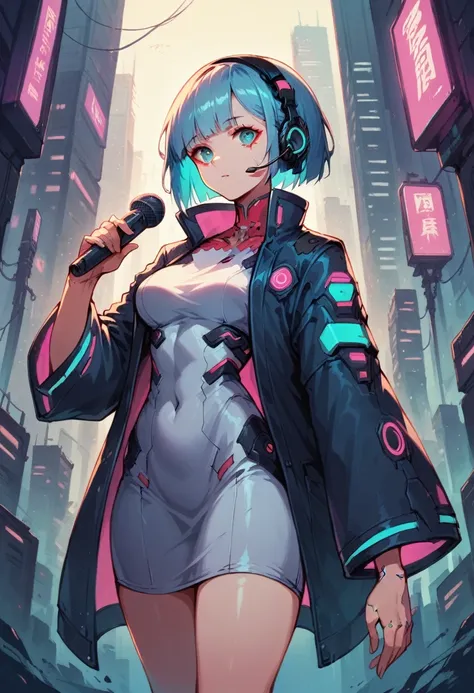 high quality image, futuristic anime style, cyberpunk, a girl in a futuristic city, neon colors, jacket with wide sleeves and wh...