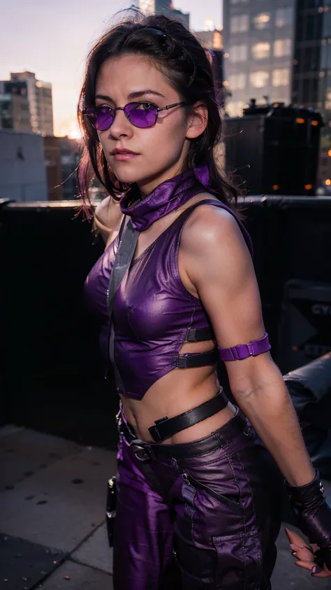 (masterpiece), (photorealistic1.4), (1 girl), (solo), (best quality), (epiCRealLife), (Kate Bishop long hair), (sleeveless top), (kateb2023 black utility belt), (kateb2023 purple costume), (purple pants) (kateb2023 purple sleevless bodysuit), (sks woman, K...