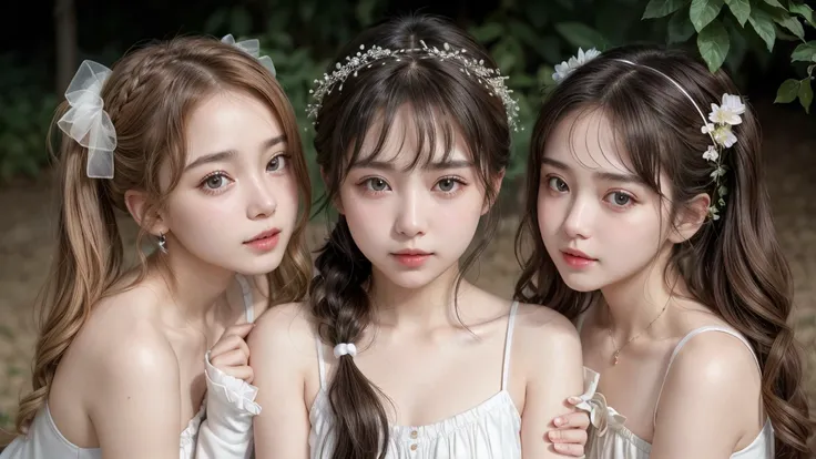 (3 girls)(((High quality、High precision、4K,8K)))、one woman、beautiful body、modest、hair accessories、Low Twintails、beautiful collarbone、white skin、Sensitive skin、move、groan、She is a good girl with good manners.、