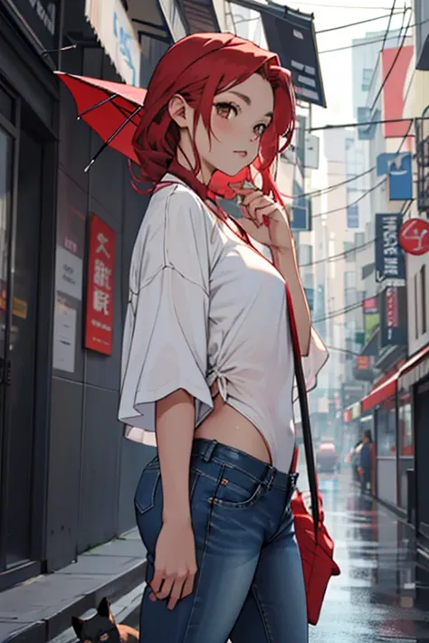 anime girl 26 years old white swimsuit navy blue denim pants urban landscape red hair brown eyes with cat on the shoulder and umbrella