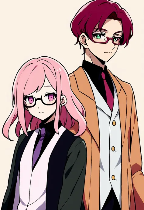 Draw two 18-year-old twin sisters with contrasting personalities: one is serene, with pink hair, bangs, and glasses, while the other is energetic, with wine-colored hair and no bangs. Both wear modern clothes and are inspired by characters similar to Kaede...