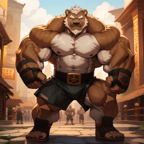 solo, 1boy, Huge Muscular Old Grizzly Bear wearing kickboxing MMA belt , thick pectoral, thick arms, huge pectoral, wide pectoral, hige brown fur, short white hair, Kickboxing MMA shorts, kickboxing MMA gloves, Kickboxing MMA Footwear 5 toes and shirtless,...