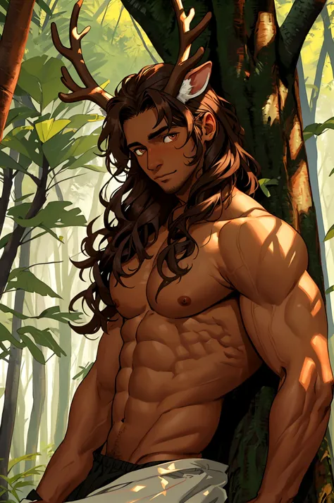 Man with brown eyes, big brown curly hair and dark skin with deer antlers and ears, hiding behind a tree shirtless, defined abdomen , Shy expression on the face.