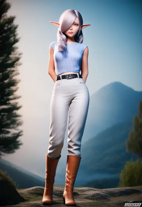 ((Best Quality)), (Masterpiece)), (Details: 1.4), 3D, Absurd Resolution, High Resolution, (Masterpiece: 1.4), Ultra Detailed, detailed gnome girl with pale skin, short stature, and very long silver hair that curls at the ends, covering one eye, with small ...