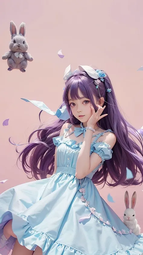 A very cute 12 year old, with loose purple hair, with a bunny floating by the side, with light blue dress.