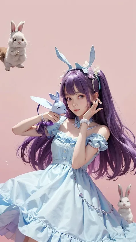 A very cute 12 year old, with loose purple hair, with a bunny floating by the side, with light blue dress.