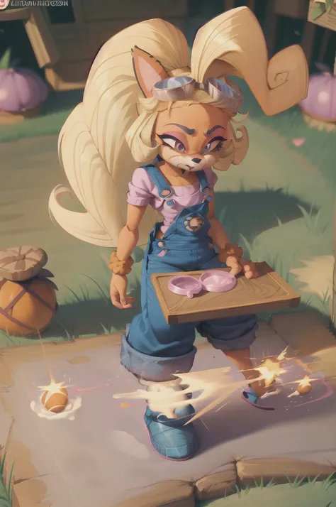 Coco Bandicoot, female, furry, animal ears, orange fur, blonde hair, green eyes, pink eyeshadow, ponytail, long hair,masterpiece, beautiful, white shirt, overalls, goggles on head, ponytail, white shirt short sleeves,  pink sleeves, denim overalls pants, F...