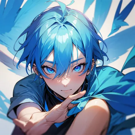 A young man with blue hair, piercing blue eyes, and blue bird wings ใสชุด​ญี่ปุ่น​สีฟ้า​สีทอง​