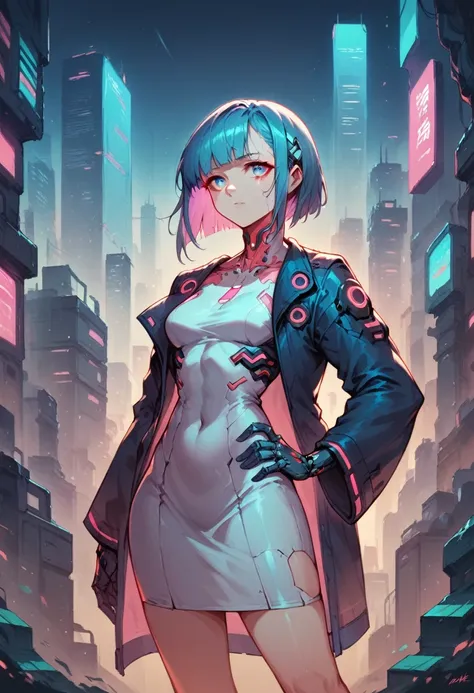 high quality image, futuristic anime style, cyberpunk, a girl in a futuristic city, neon colors, jacket with wide sleeves and wh...