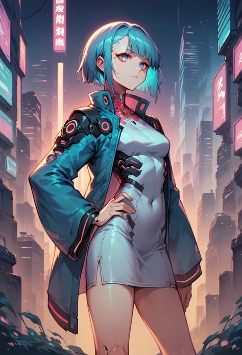 high quality image, futuristic anime style, cyberpunk, a girl in a futuristic city, neon colors, jacket with wide sleeves and wh...