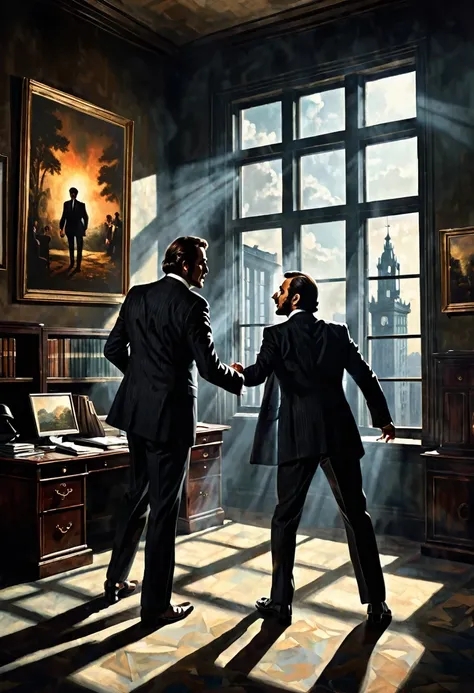 Scene with two men in suits in an office of a building arguing, Maximum details, dark fantasy style from the 70s, with intense German-style romantic painting. Shadows and spectacular lighting.
